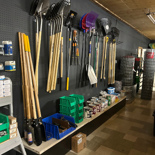 Garden tools and supplies inside of Dayton Farm and Lumber.