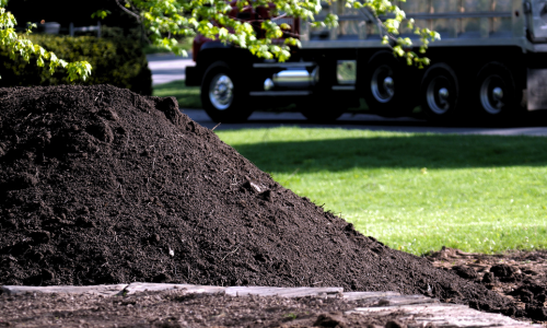A mound of soil delivered in a yard.