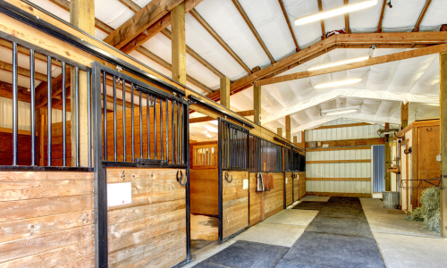 Barn stalls inside of a pole barn.
